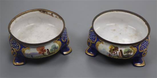 A pair of mid 18th century Staffordshire blue enamelled salts